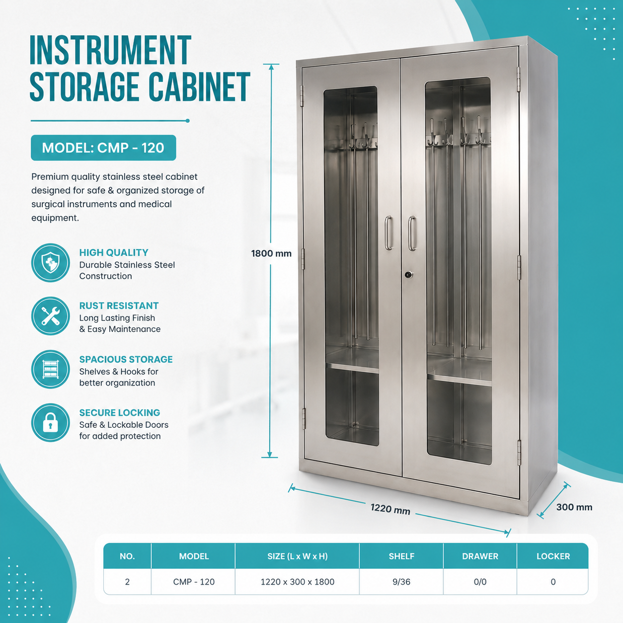 Stainless Steel Catheter Storage Cabinet with Glass Doors for Hospitals Model CMP-120