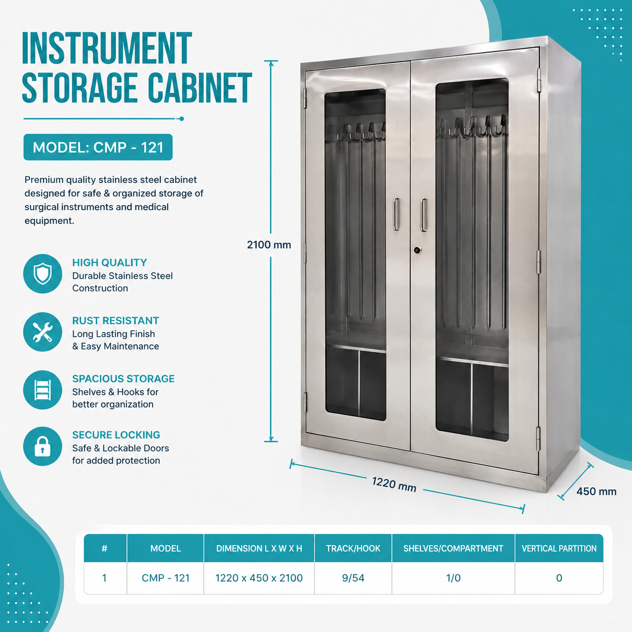SS 304 Stainless Steel Catheter Storage Cabinet for Hospitals Model CMP-121