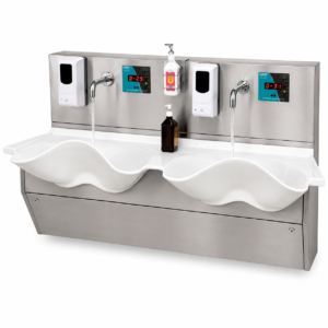 Automatic Double Station Surgical Scrub Sink made from stainless steel with sensor-operated water control for hospital operation theatres and cleanroom hand hygiene.