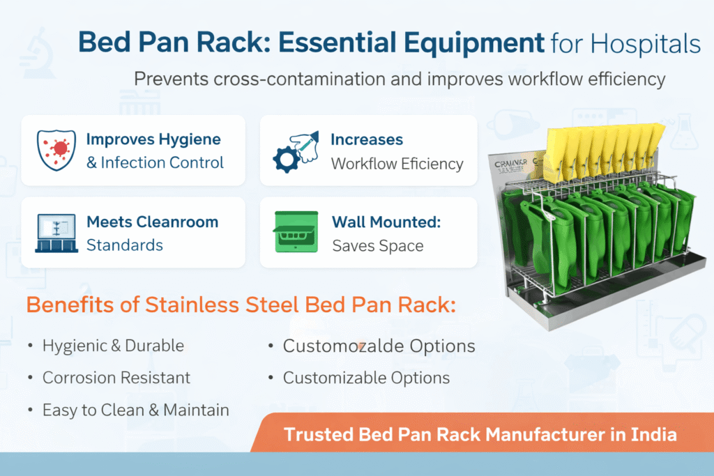 Wall mounted stainless steel bed pan rack for hospital hygiene, infection control, and cleanroom storage