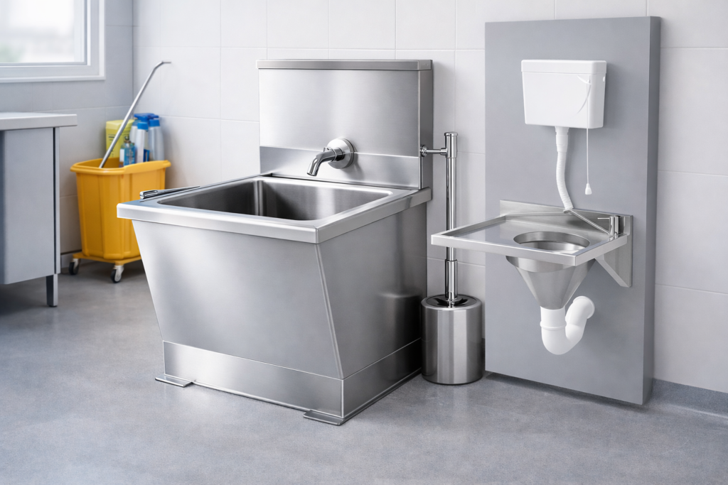 Stainless Steel Slop Hopper for hospital waste disposal and hygiene management in healthcare and industrial environments