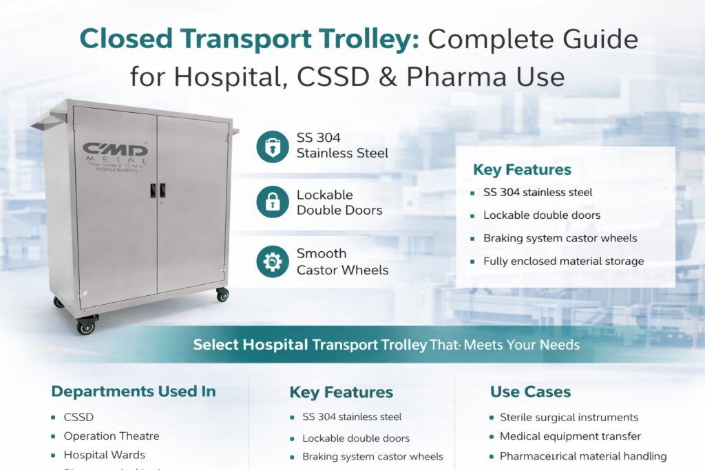 Closed transport trolley for safe and hygienic transportation of medical supplies.