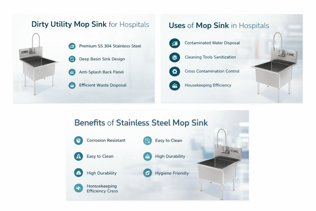 dirty utility mop sink stainless steel with deep basin and anti splash design for hospitals
