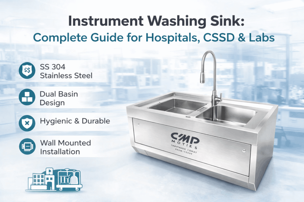 Instrument washing sink for hygienic cleaning of medical and surgical instruments.