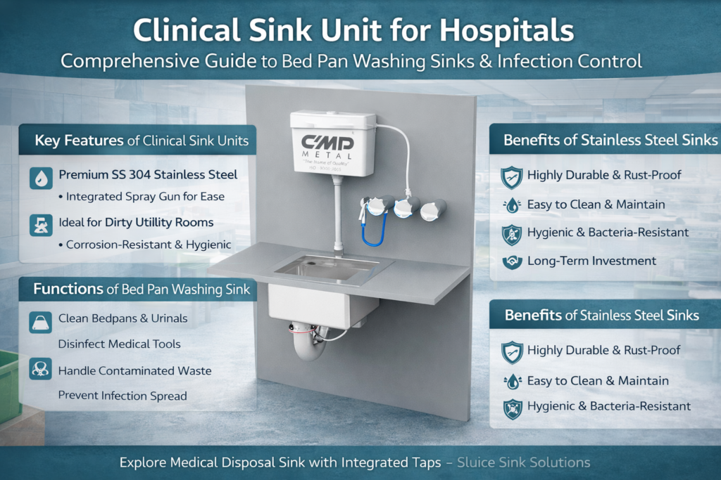 Sluice sink for hygienic disposal and cleaning in healthcare facilities.