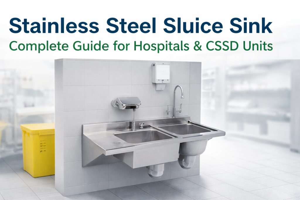 Sluice sink for hygienic disposal and cleaning in healthcare facilities.
