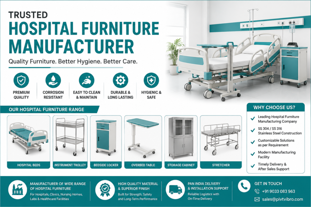 Hospital furniture manufacturer providing stainless steel hospital beds, trolleys, cabinets, stretchers, and medical furniture solutions in Maharashtra