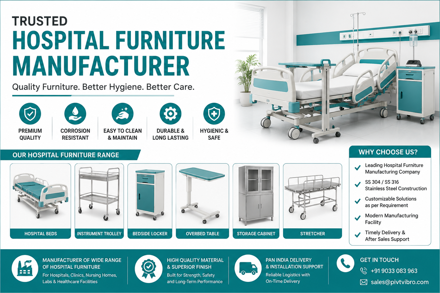 Hospital furniture manufacturer providing stainless steel hospital beds, trolleys, cabinets, stretchers, and medical furniture solutions in Maharashtra