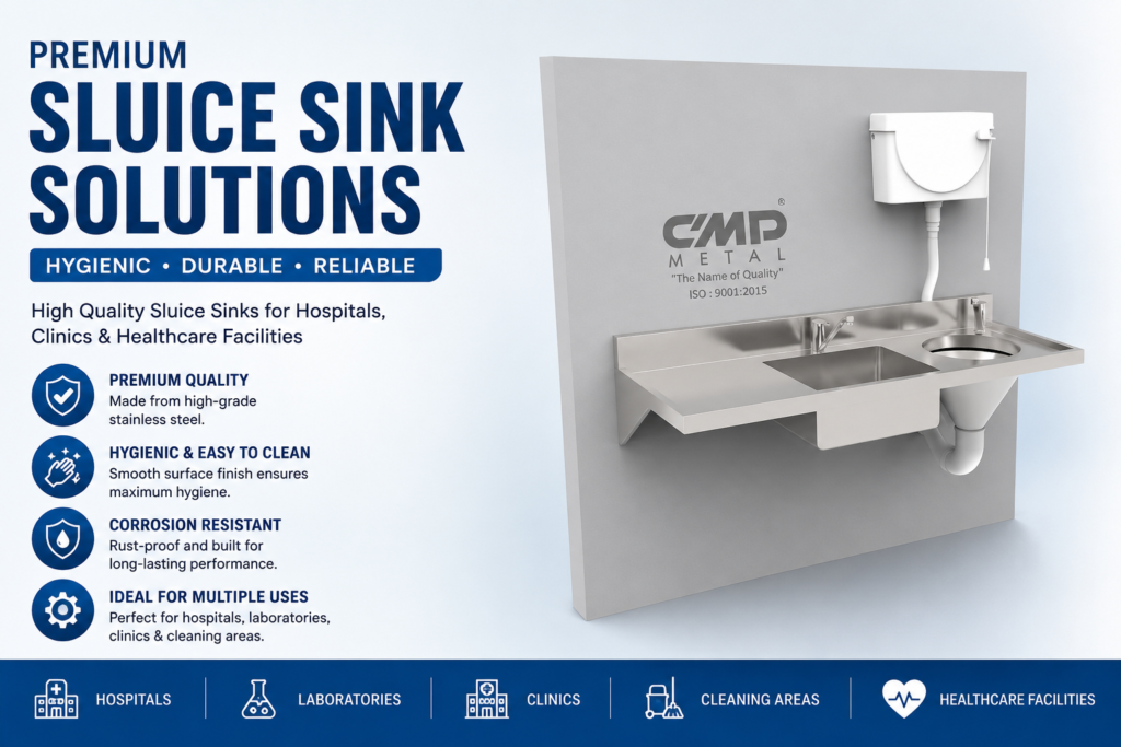 Sluice sink for hygienic disposal and cleaning in healthcare facilities.