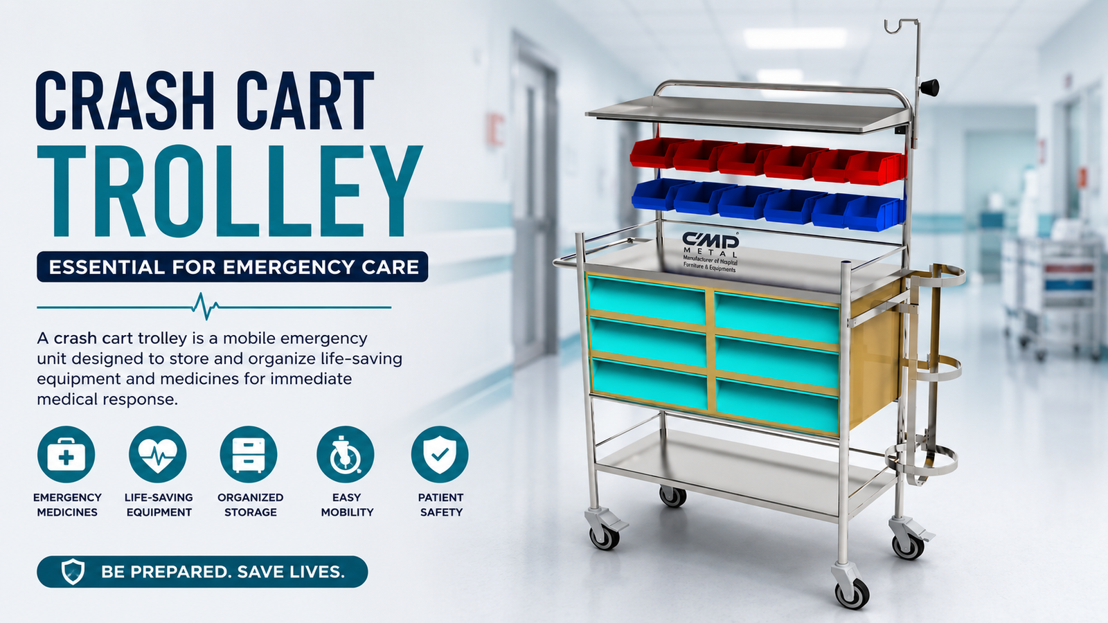 Crash Cart Trolley | Emergency Crash Cart Trolley | Hospital Crash Cart Trolley | CMP METAL