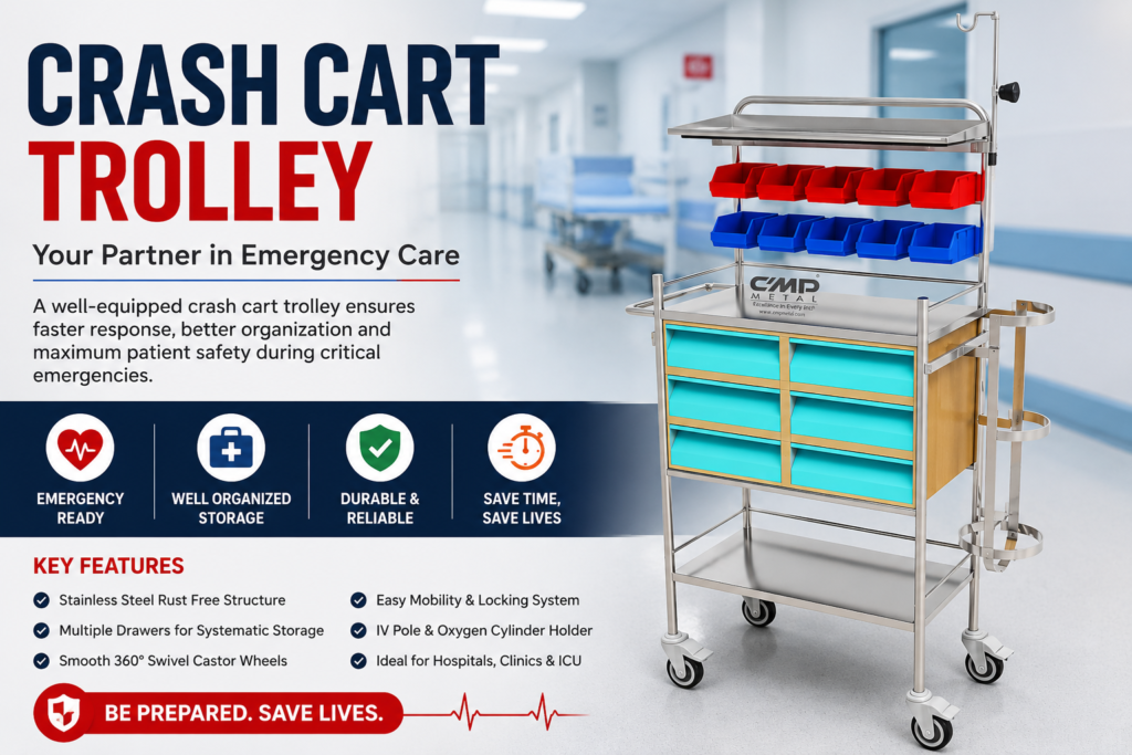 Crash cart trolley for quick access to emergency medical equipment and supplies.