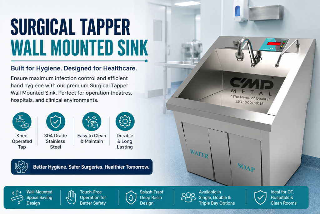 Surgical tapper wall mounted sink for hygienic hand washing in healthcare facilities.