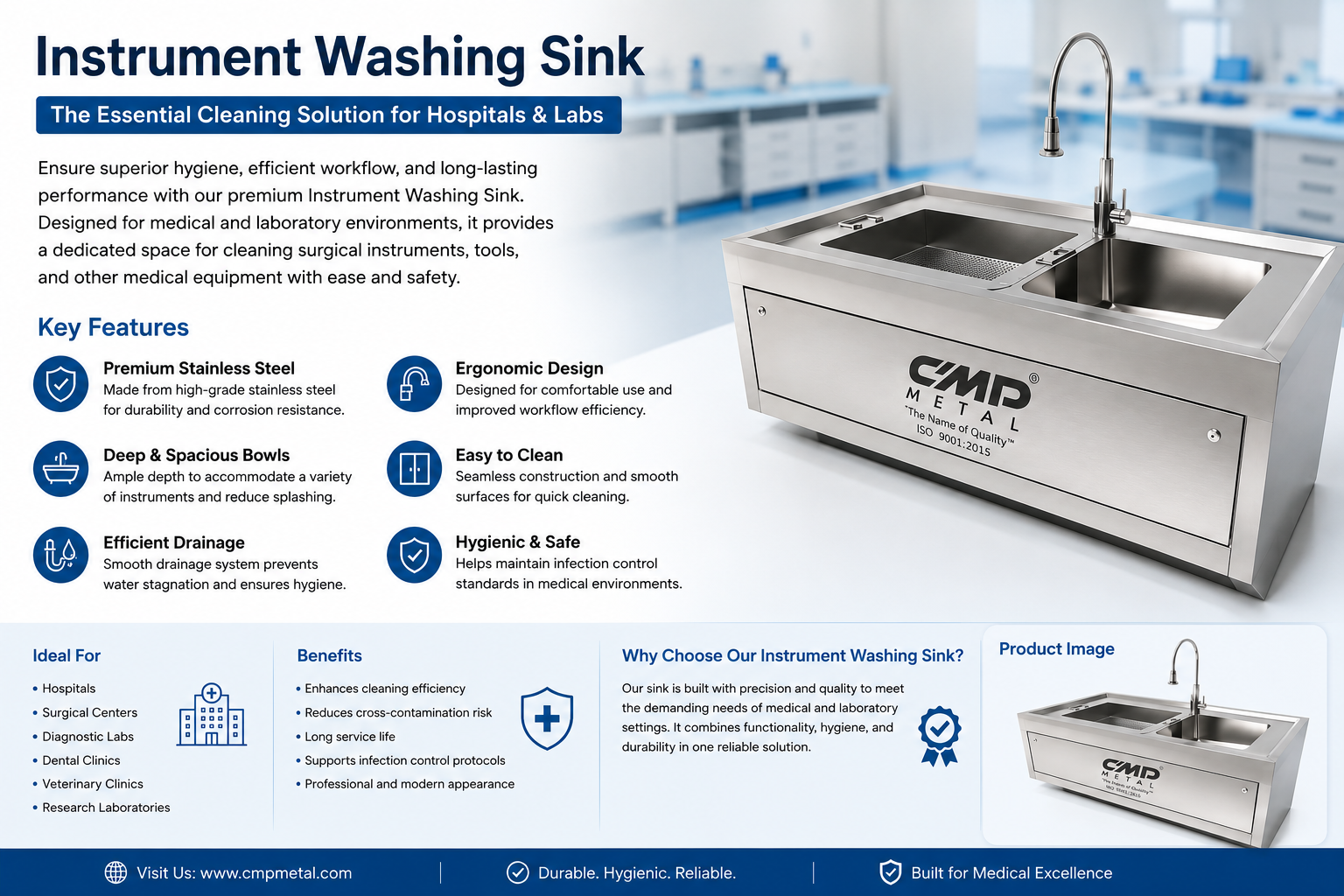 Stainless Steel Instrument Washing Sink with Cabinet for Hospitals and CSSD