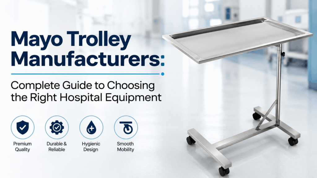 Mayo instrument trolley for convenient placement and transport of surgical instruments.