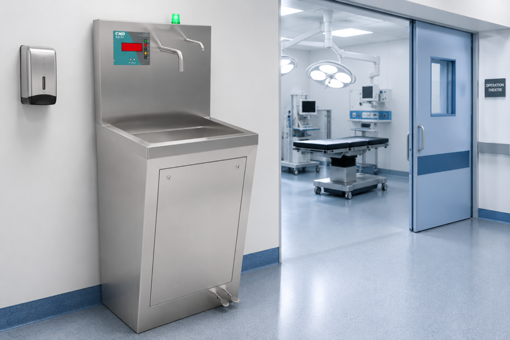 Surgical Scrub Sink made from stainless steel with sensor-operated faucet for hospital operation theatre hand hygiene