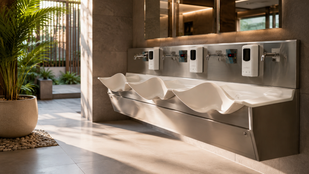 3 bay solid surface surgical scrub sink for hygienic surgical hand washing.
