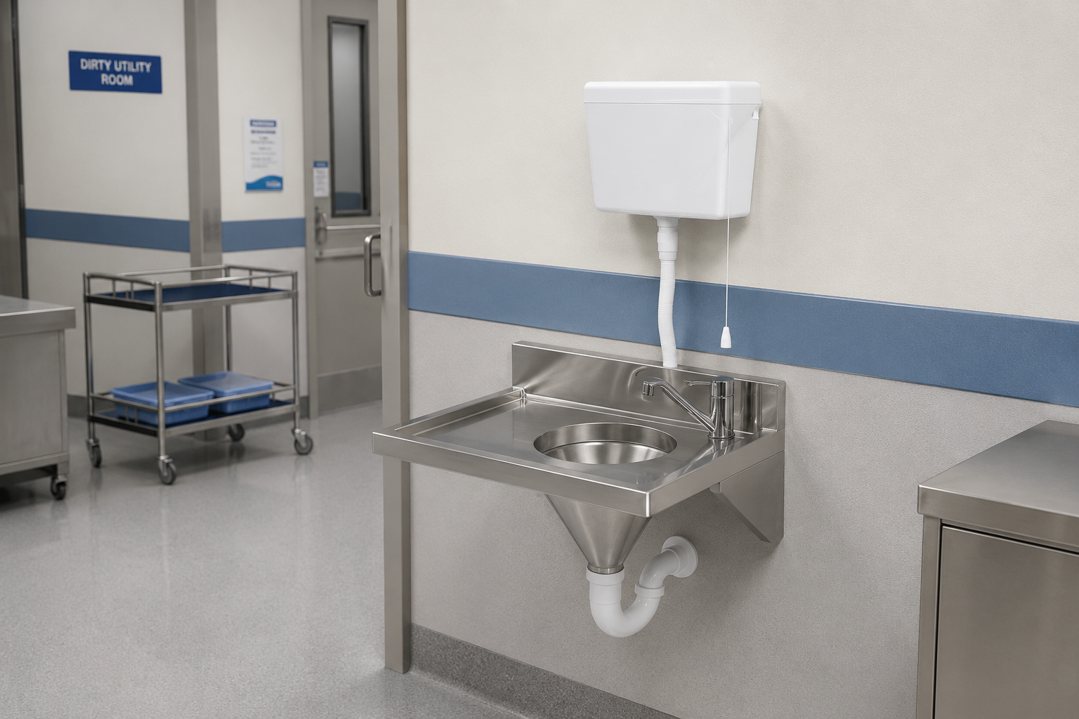 Stainless Steel Slop Hopper installed in a hospital dirty utility room for hygienic medical waste disposal