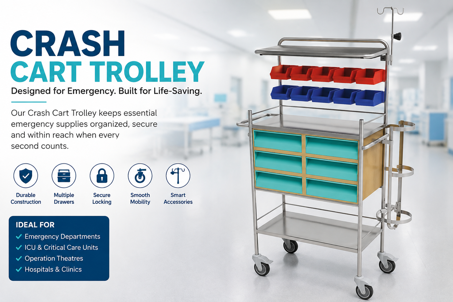 Crash Cart Trolley for Hospital Crash Cart Trolley for Hospital Emergency and ICU Use