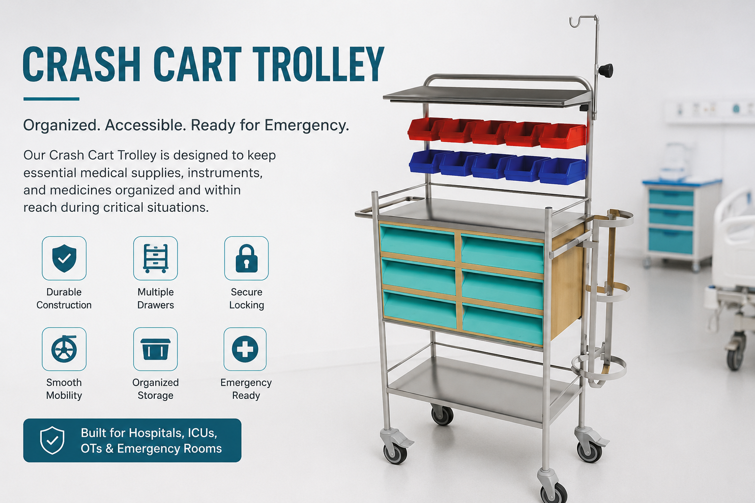 Crash Cart Trolley for Hospital Emergency and ICU Use