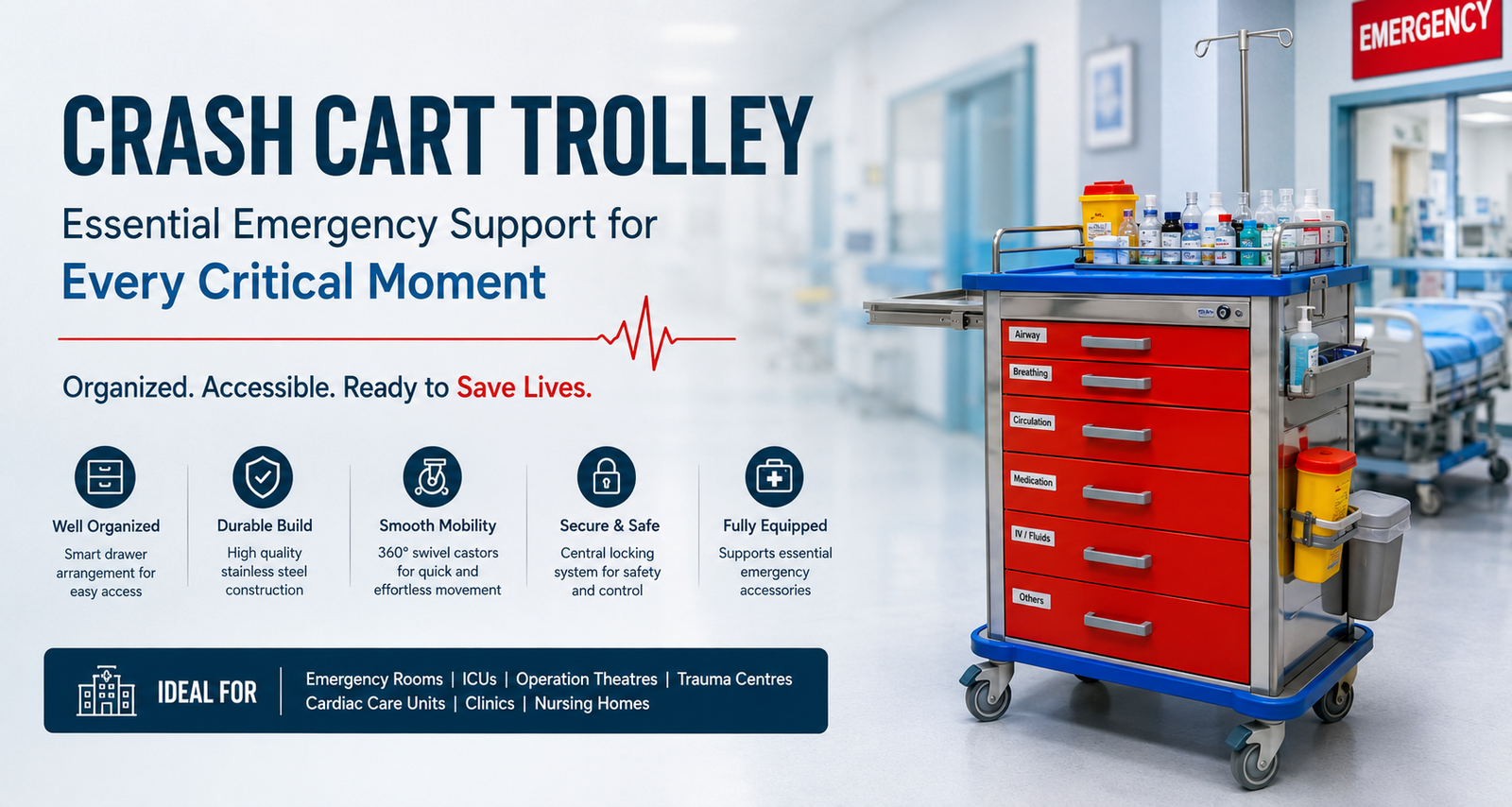 Stainless steel crash cart trolley for hospital emergency and ICU use
