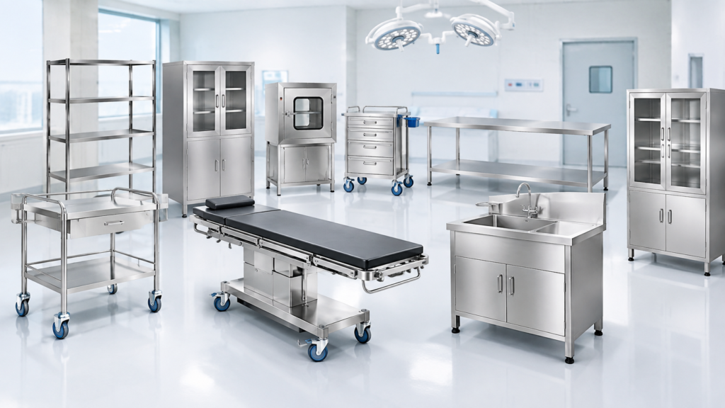 Stainless steel hospital furniture and medical equipment for healthcare facilities