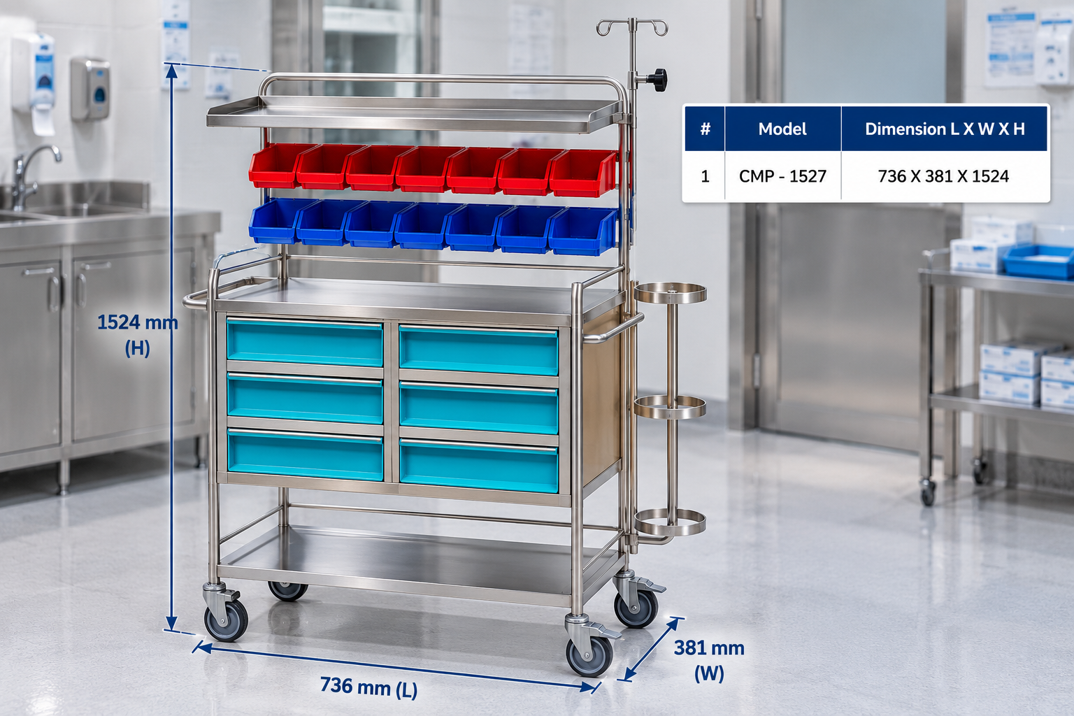 Crash Cart Trolley CMP-1527 with Dimensions for Hospital Use