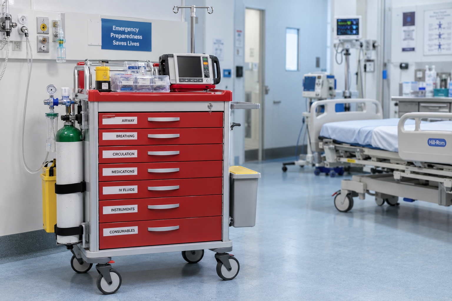 Crash Cart Trolley with emergency medical equipment in hospital
