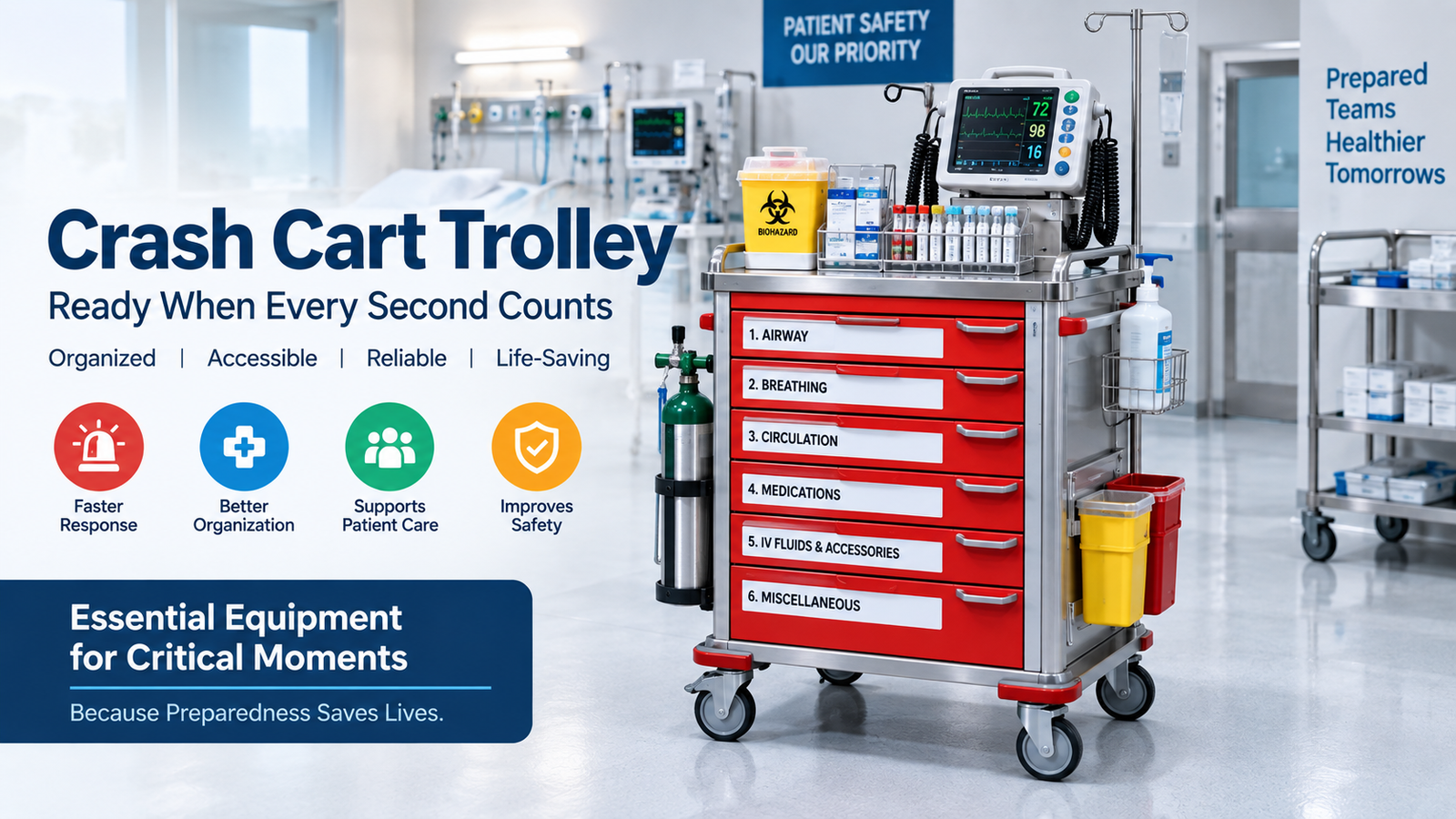 Crash Cart Trolley with Organized Emergency Equipment for Hospital and ICU Use