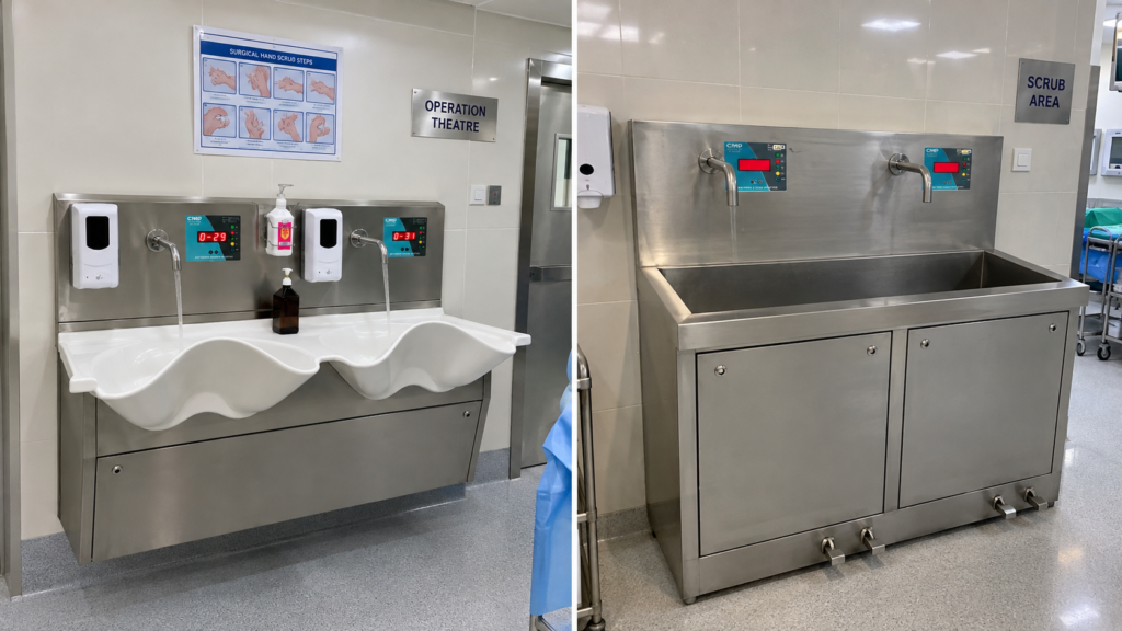 Stainless steel surgical scrub sink installed in a hospital operation theatre scrub area