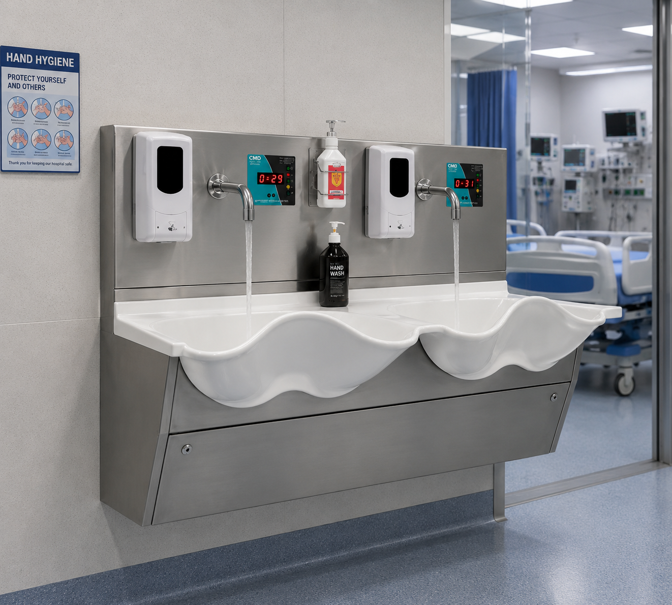 Solid surface sink for hospital and healthcare facility applications