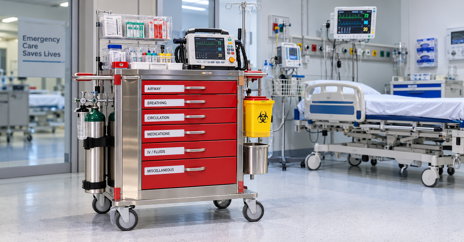 Crash Cart Equipment and Emergency Crash Cart Trolley in Hospital
