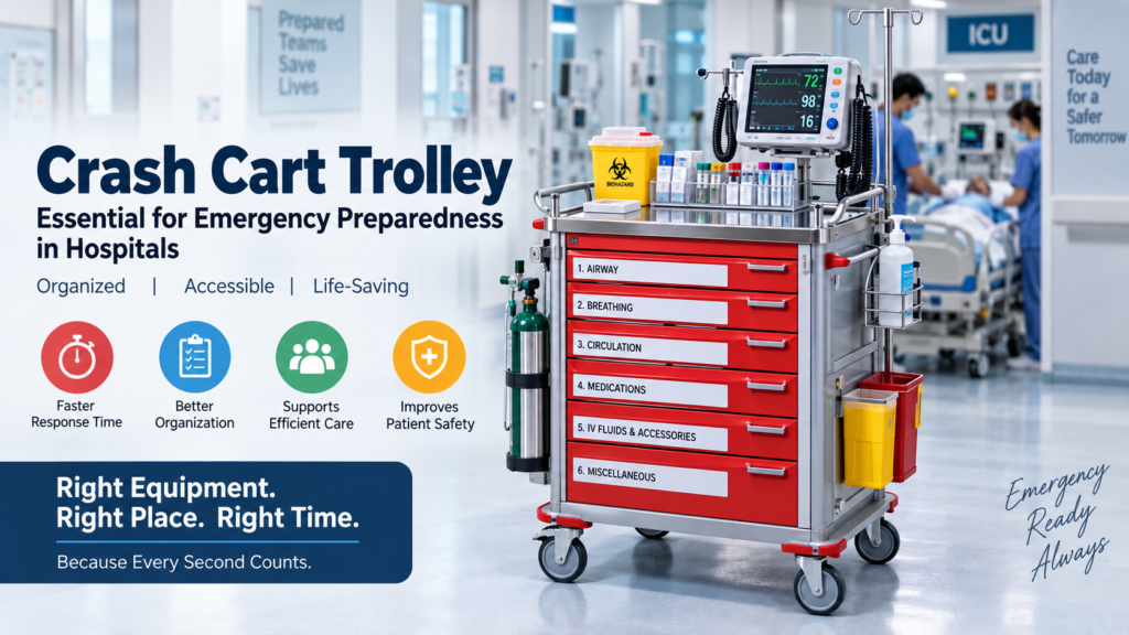 Crash cart trolley with organized emergency medical equipment and multiple drawers in a hospital
