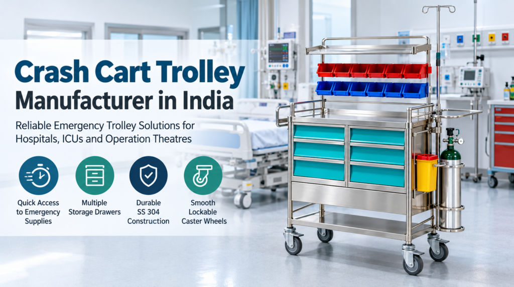 Stainless steel crash cart trolley with multiple medicine drawers for hospital emergency departments