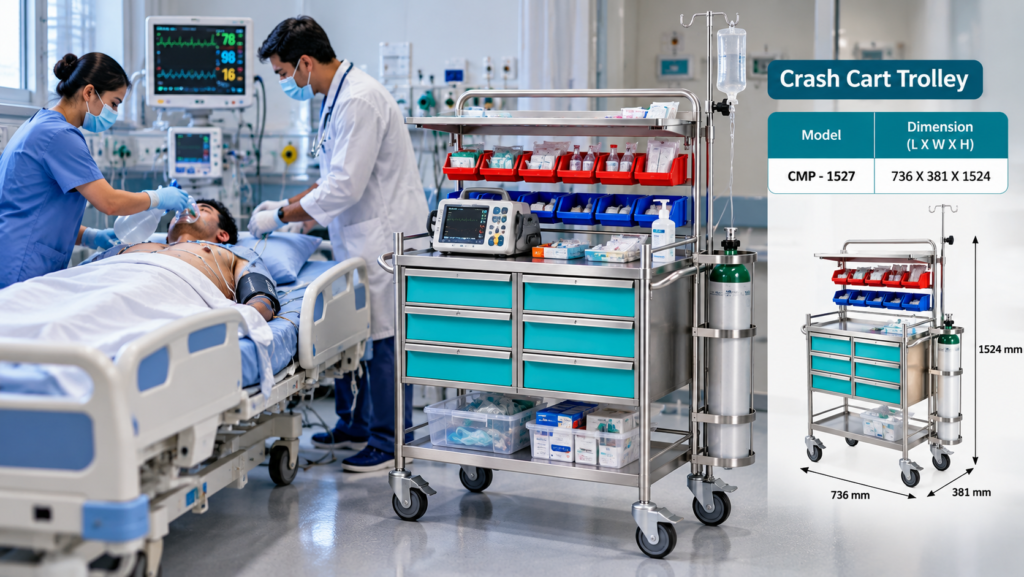 Crash cart trolley with emergency medical equipment in hospital