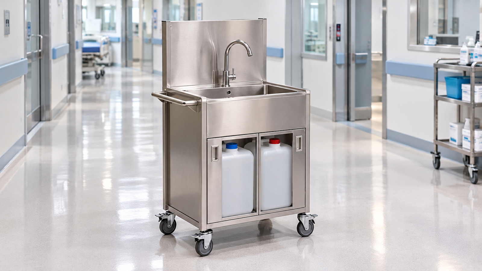 Movable Wash Basin - CMP METAL Movable stainless steel wash basin with water tank for hospitals and pharmaceutical facilities