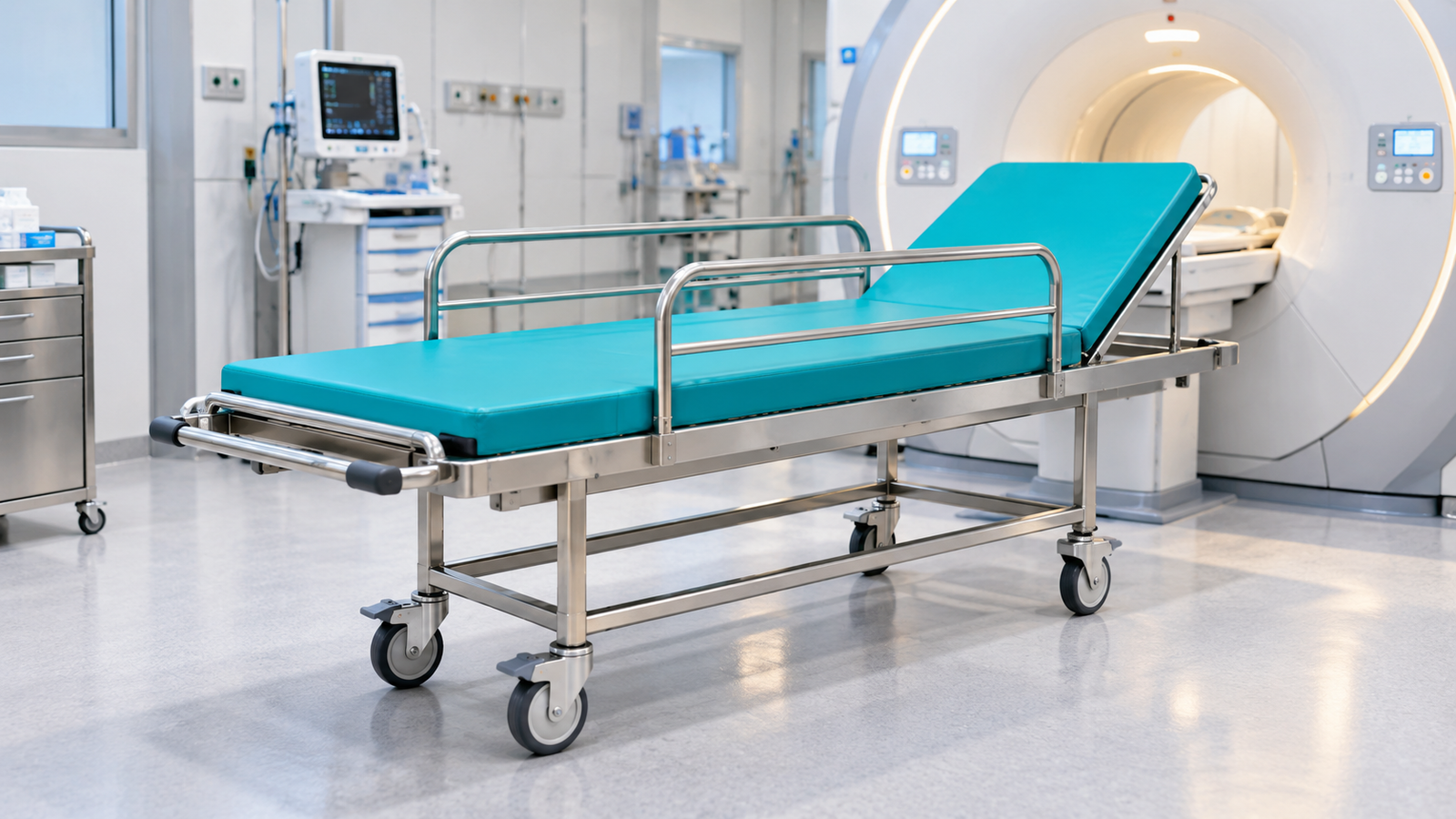 Non Magnetic MRI Trolley for safe patient transport in MRI departments