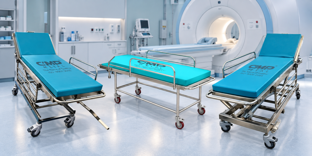- Patient transport trolley with padded mattress and safety rails in a diagnostic imaging department