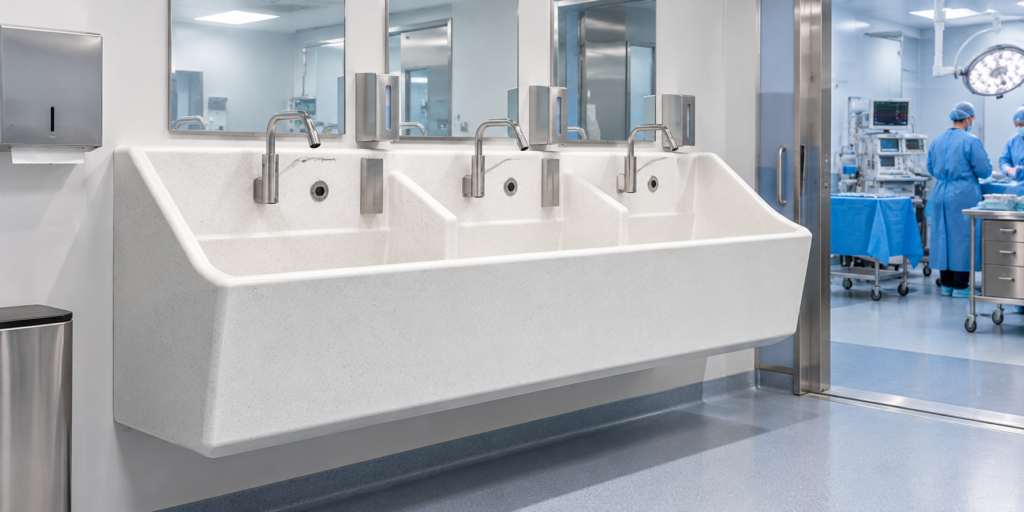 Solid surface hospital sink with integrated basin in a modern healthcare facility