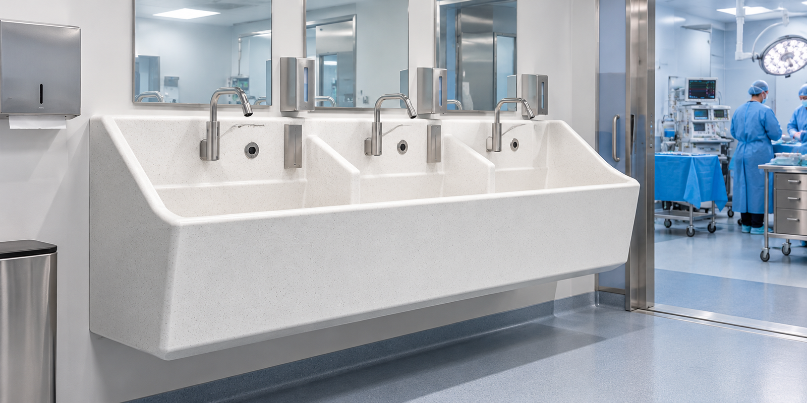 Solid Surface Surgical Scrub Sink in a Modern Hospital