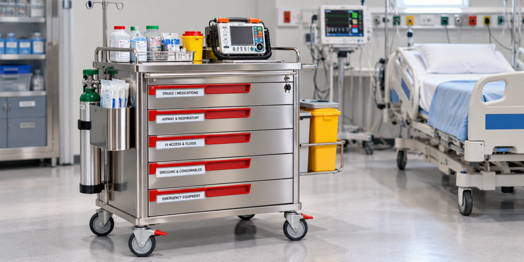 Stainless steel crash cart trolley with organized drawers for emergency medicines and medical equipment in a hospital