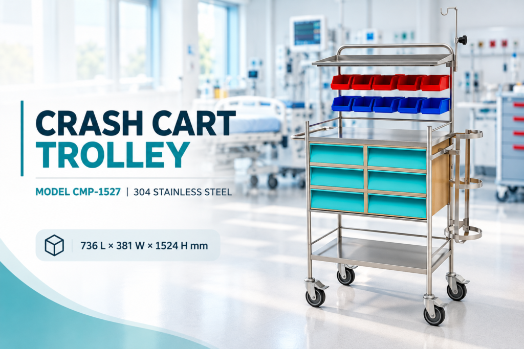 Stainless steel crash cart trolley with multiple drawers for hospital emergency and ICU use