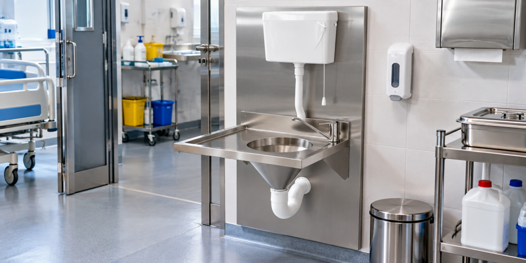 Stainless steel slop hopper with integrated flush tank for hospital dirty utility room