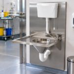 Stainless steel slop hopper with integrated flush tank for hospital dirty utility room