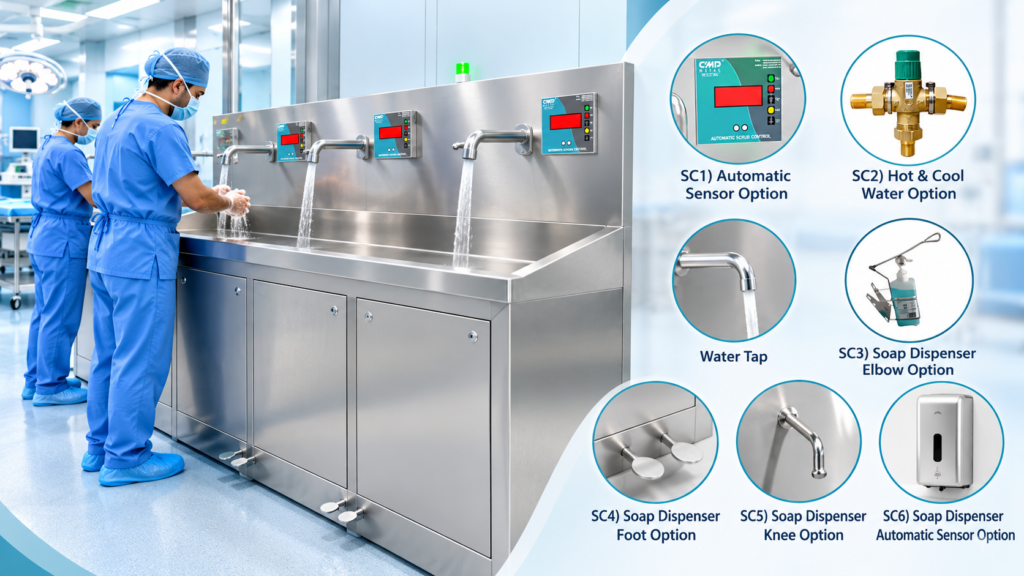 Stainless steel surgical scrub sink with sensor-operated taps for hospital operating theatres