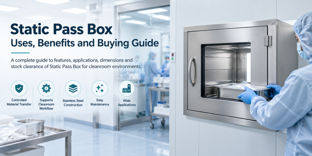 Stainless steel static pass box with viewing window for cleanroom material transfer.