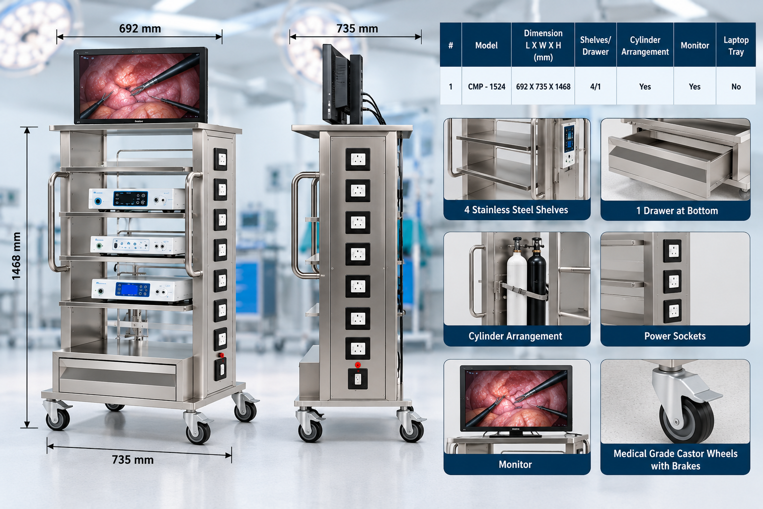 Laparoscopy Trolley CMP METAL with monitor and stainless steel shelves